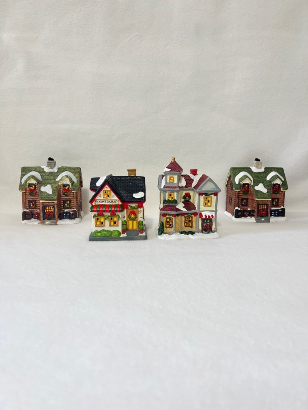 Holiday Time Lot of 4 Miniature Christmas Village House Set Festive Christmas